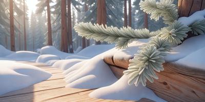 The primary subject of the image is a snow-covered wooden bench with a pine tree branch on it. The setting is a snowy environment, with trees in the background. The visual style is a combination of photo and digital art, creating a realistic yet artistic representation of the scene. The dominant colors are white and gray, reflecting the snowy atmosphere. The overall mood of the image is serene and peaceful, with the snow-covered bench and pine tree branch evoking a sense of tran